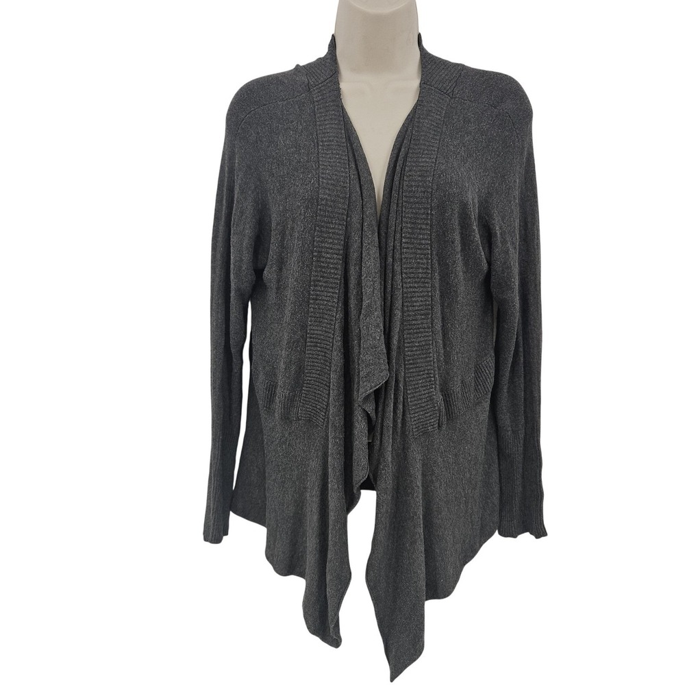 Eileen Fisher Cardigan Sweater Women M Gray Open Waterfall Rib Trim Minimalist